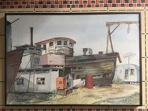 California School Watercolor Boat Dry Dock Industrial Plein Air Trailer Welding - Foto 1 di 5