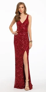 Camille La Vie Size 10 Sequin V Neck Side Slit Sleeveless Red Evening Dress  - Picture 1 of 9