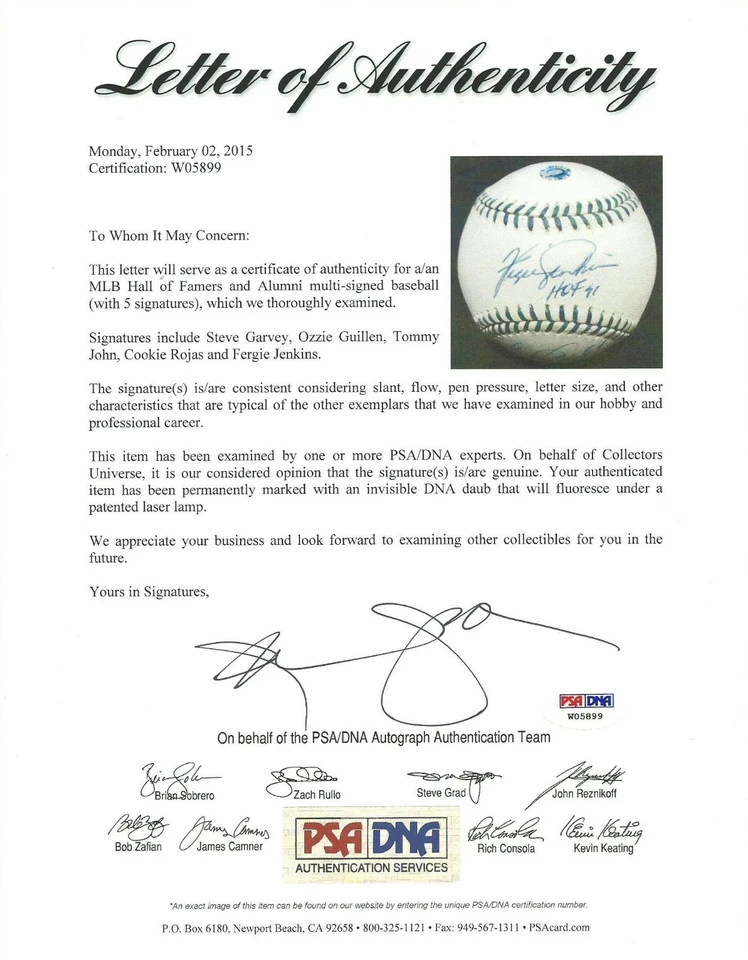 Ozzie Guillen Steve Garvey Fergie Jenkins Tommy John +1 Signed Baseball PSA/DNA - Image 1 of 4