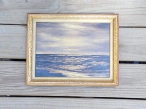 Dipinto olio su tavola con cornice vintage firmato Aneveu mare costiero oceano arte da parete - Foto 1 di 9