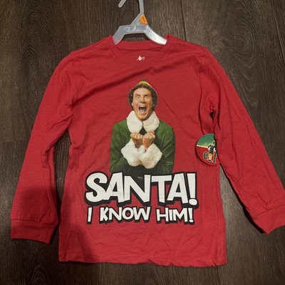 Elf Movie boys NWT long sleeve holiday Tee S 6/7 Will Ferrell Santa I Know Him - Image 1 of 3