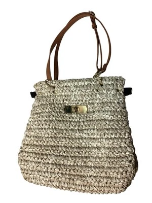 Laugoa Boho Cream Raffia Straw Tote Shoulder Bag Purse Gold Detail - Image 1 of 4