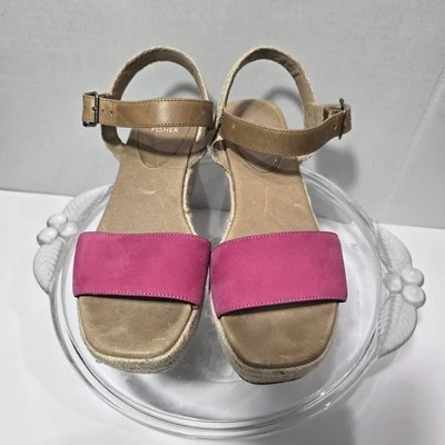 Eileen Fisher Wedges Fuschia Suede & Tan Leather Sandals Jute Heels Size 8 Read! - Image 1 of 4