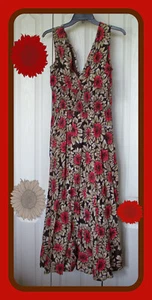 NUEVO CON ETIQUETAS M HANNAH Marrón Rojo Floral Cuello de Vno Cintura ahumada Forrado Suéter MAXI VESTIDO - Imagen 1 de 10