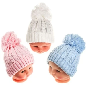 Baby Boys & Baby Girls Winter Knitted Bobble Hats - Pink, White, Blue Soft Touch - Picture 1 of 1