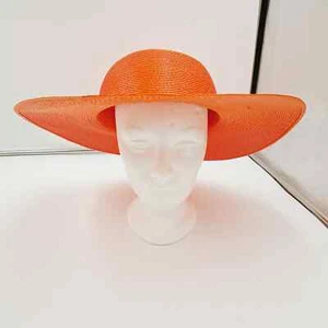 Vtg Ladies Orange Fashion Lg Wide Brim Floppy Straw Hat - Picture 1 of 11