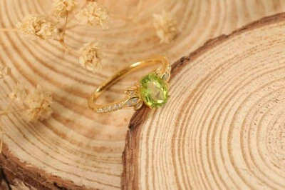 Peridot Ring Gold Plated Oval Cut Birthstone Jewelry Women’s Gift Vintage Style - Image 1 of 4