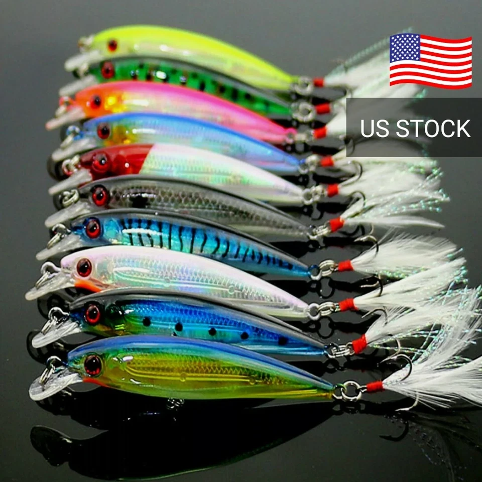 Largemouth bass fishing lures wobbler minnow 10-pack lot crankbait tackle bait  - Image 1 of 4