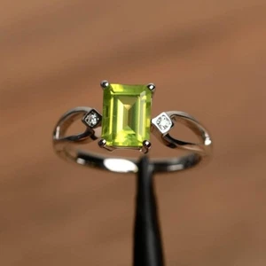 Handmade Natural Peridoto Anillo 14K Oro Blanco Macizo Joyería Promise Para De - Imagen 1 de 5
