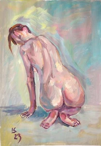 Pintura Mujer Desnuda - Acrílico Original 17x20 sobre Papel, Postura Trasera - Imagen 1 de 4