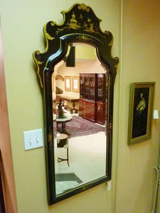 Oriental Chinese Hand Painted Ebonized Mirror, circa 1940s' - Picture 1 of 6