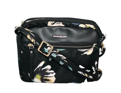 Bandolera pequeña RFID antirrobo TRAVELON Addison negra con estampado floral Foto 1 de 4
