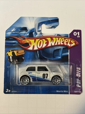 Hot Wheels Pop-Offs Morris Mini White/Blue Short Card - Image 1 of 3