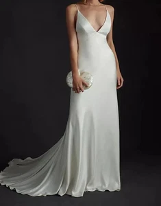 Jenny Yoo Wedding Dress Gown 4 Ivory Antique White Ivory Satin Open Back Modern - Picture 1 of 10