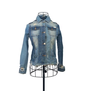 7 For All Mankind Denim Jacket Girls Large Age 11-12 Blue Distressed Bikercore - Picture 1 of 13