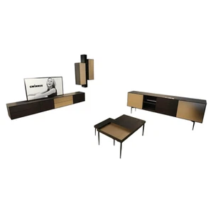 Gwinner Wohnwand Bera Eiche Satin Terra Schwarz Gold Inklusive Sideboard - Bild 1 von 6