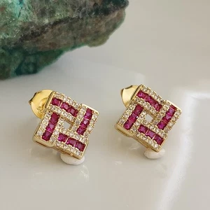 925 Sterling Silver 1.5mm Ruby Square 1/2'' Earrings Gemstone - Picture 1 of 2