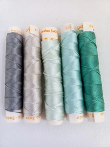 5 x VINTAGE LA SANSON AQUA GREEN OYSTER GREY 100% TORAL SILK THREAD 10m. each - Picture 1 of 5