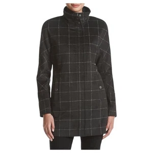Lucky Brand Women's Windownpane High Collar Wool Coat Hidden Placket Size Large - Picture 1 of 10