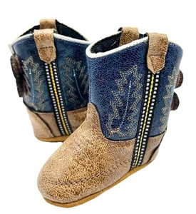 Old West Infant Baby Cowboy Boots Size 1 Blue Brown Cowgirl Western Shoes Unisex - Picture 1 of 18
