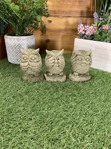 STONE GARDEN SEE HEAR SPEAK NO EVIL OWL CUTE GIFT ORNAMENT - Picture 1 of 9