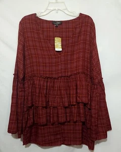 Suzanne Betro Ruffle Top Dark Red Plaid Womens Sz 1XL Rayon Blouse Read Measures - Picture 1 of 9
