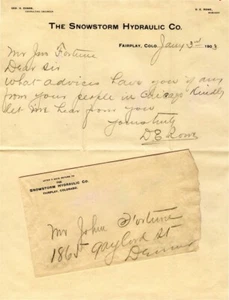 SNOWSTORM HIDRÁULICO 1903 JUEGO LIMPIO COLORADO MINERA CARTA EVANS ROWE J FORTUNE CO - Imagen 1 de 1