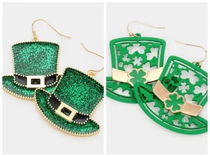 EARRINGS GREEN GLITTER ST PAT HAT EARRINGS OR SHAMROCK HAT EARRINGS - Picture 1 of 3