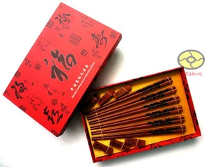 SET 6 Pairs Chopsticks/Rests/Gift Box wood Pyrograph Carved Chinese Dragon style - Picture 1 of 5