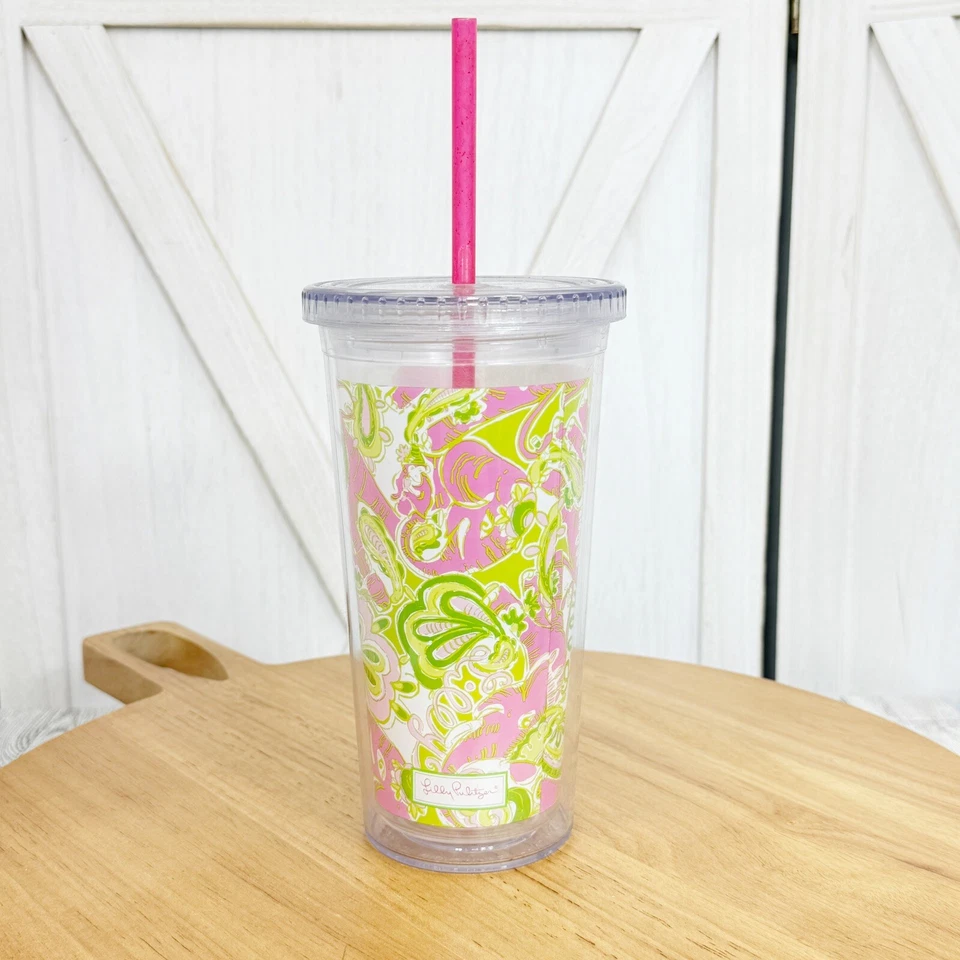 Copo de acrílico Lilly Pulitzer Elephants rosa verde 20 oz tampa palha - Imagem 1 de 4