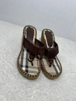 Burberry Nova Check Brown Leather Espadrille Wedge Slides Sandals Women’s 36 - Image 1 of 4