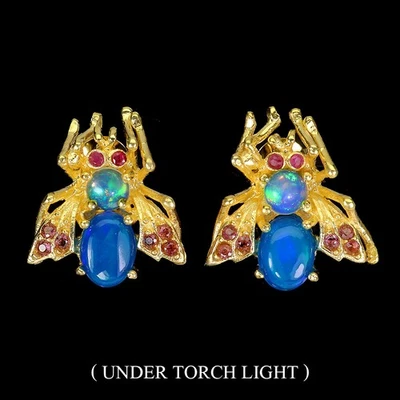 925 Sterling Silver Earrings Oval Blue Opal 8x6mm Fire Opal Bee Gemstone Jewelry - Image 1 of 4