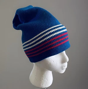 Gorro de lana vintage Smiley azul beige rayas esquí snowboard invierno años 80 - Imagen 1 de 4