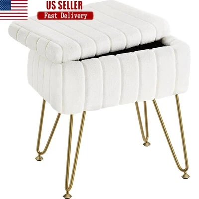 Faux Fur Vanity Stool Chair Storage Ottoman Soft Seat Metal Legs Non-slip Feet - Image 1 of 4
