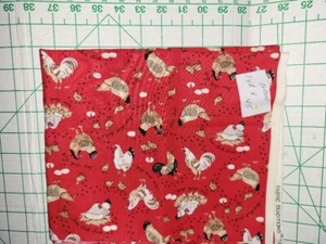 Cotton Fabric. Roosters & Hens on Red. Pre-cut at 1 yd - Picture 1 of 1