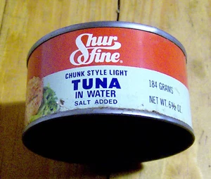 RARA lata de atún SHUR FINE vintage años 70 MARCA GENÉRICA envasado de alimentos antiguos - Imagen 1 de 3