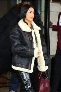 Kim Kardashian B3 Bomber RAF Aviator Shearling Fur Real Sheepskin Leather Jacket - Picture 1 of 5