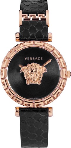 Versace VEDV00719 Palazzo Empire Greca oro rosa nero pelle orologio da donna NUOVO