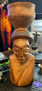 11 inch Wood Carving Bust of Alien with Bowl on Head - Picture 1 of 4