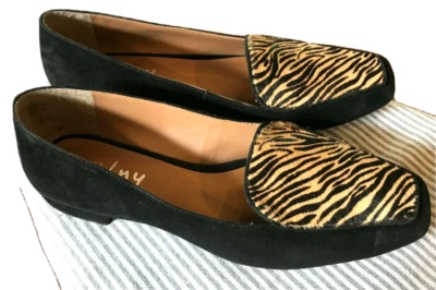 法国鞋底 FS/NY 黑色麂皮绒平底小马发老虎条纹 TOPS 尺寸 9 巴西 — 第 1/4 张图片