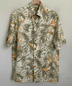 Caribbean Shirt Leaf Floral Beige Multi Collared Short Sleeve Button Size M NEW - Picture 1 of 8