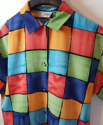 Blusa Le Caviar Mujer Color Cuadrados Abotonada Manga Corta Ligera Grande * Foto 1 de 4