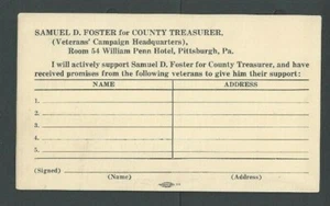 Ca 1936 Pitts PA Supporting Samuel D Foster For County Treasurer - Bild 1 von 1