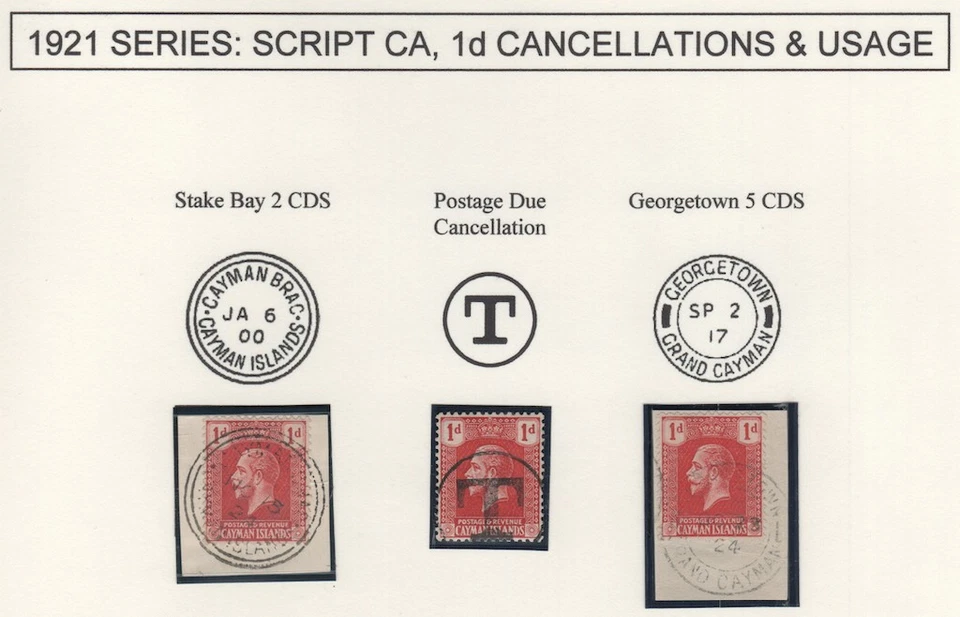 Cayman Islands 1921 KGV 1d Sc 52 Cancel Study, Stake Bay 2, Postage Due T - Изображение 1 из 1
