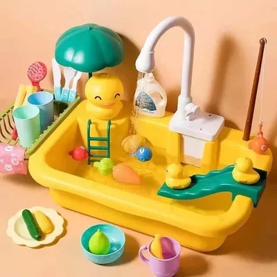 BRANDED Kitchen Sink & Fishing Set Running Water Pretend Play Dishwasher Toy Kids 2 in 1