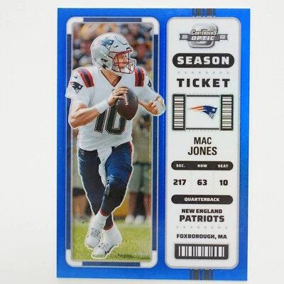 2022 Panini Contenders Optic Mac Jones Season Ticket Blue Prizm 12/99 #50 Pats - Image 1 of 2