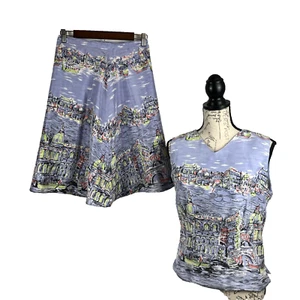Y2K set gonna e canotta midi seta donna vintage taglia 6 zip laterale stampa Venezia - Foto 1 di 7