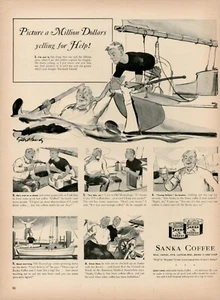 1939 Sanka Coffee Picture Million Dollar Boat Yelling Help Vintage Print Ad - Picture 1 of 8