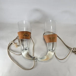 Vintage Glass Viking Beer Horn Pair With Leather Neck Holder Faxe Beer - Picture 1 of 5