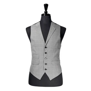 Mens Vest 38R Gray Beige Houndstooth Check Wool Waistcoat Formal Wedding Party - Picture 1 of 8